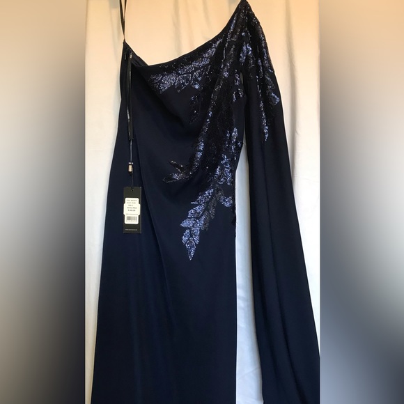 CREPE ONE-SHOULDER GOWN WITH DRAPED-SLEEVE & SEQUIN DETAIL IN LAPIS BLUE - Picture 2 of 3